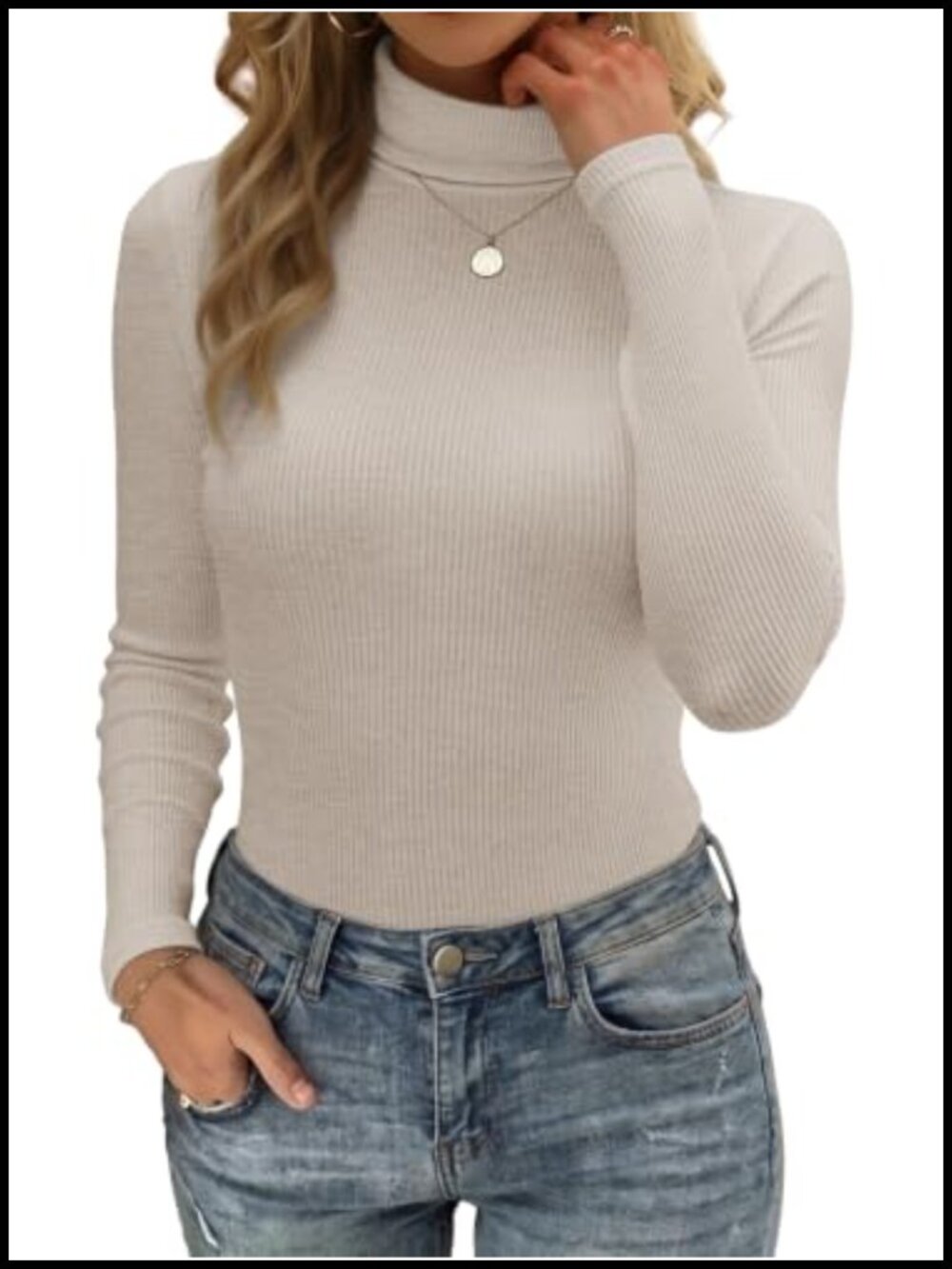 Long Sleeve Turtleneck Top Ribbed High Stretch Casual Fall Winter